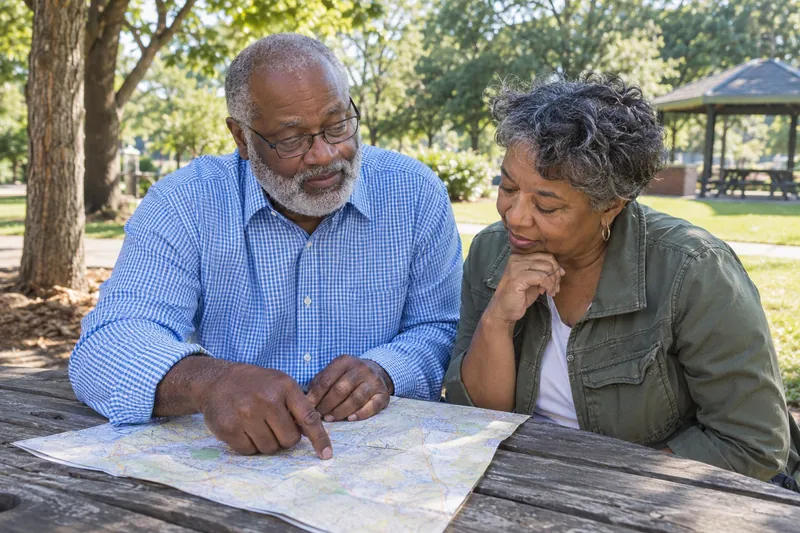 A visitor reviewing a map with a friend at a picnic table in a small public park