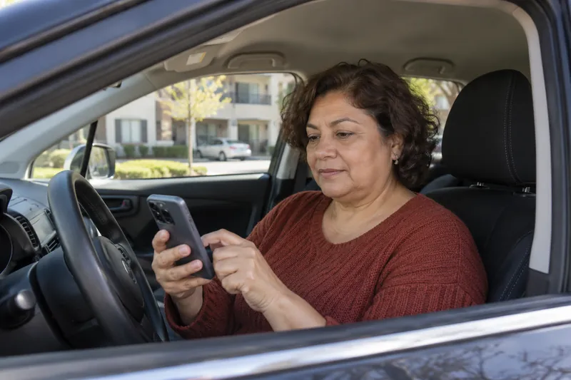 A visitor sitting in a parked car checking a phone route before setting off, car stationary