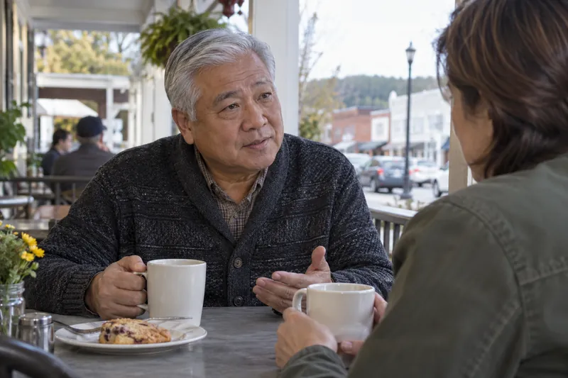 A visitor discussing a local errand over coffee in a modest neighborhood diner