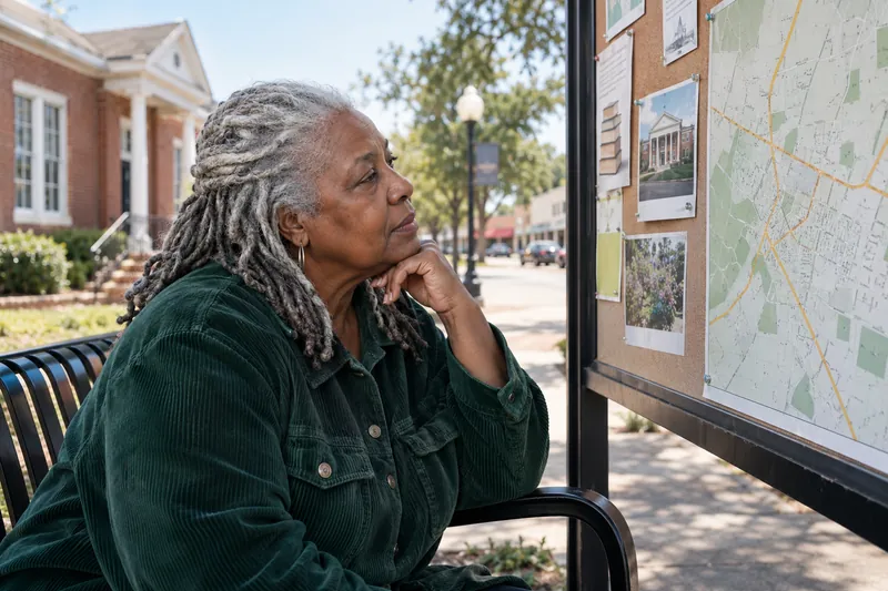 A visitor looking at a simple town map beside a library noticeboard with no readable text