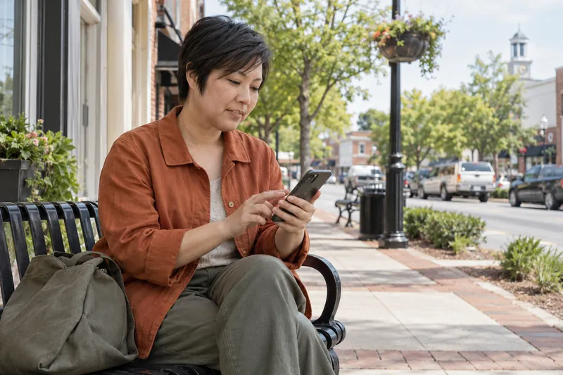 A visitor checking directions on a phone beside a small-town sidewalk bench, preparing for an appointment