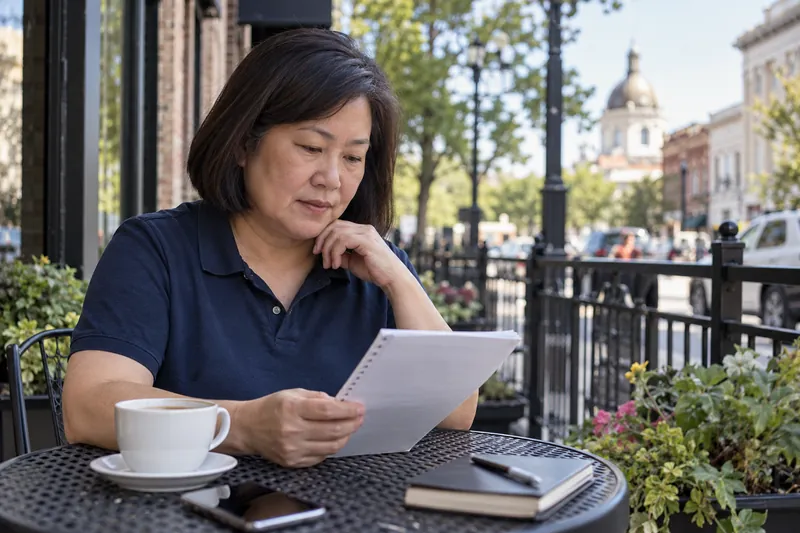A visitor reviewing an appointment note at an outdoor cafe table before a local office visit