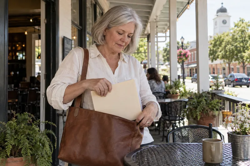 A visitor putting an unbranded document folder into a shoulder bag on a covered porch before going out
