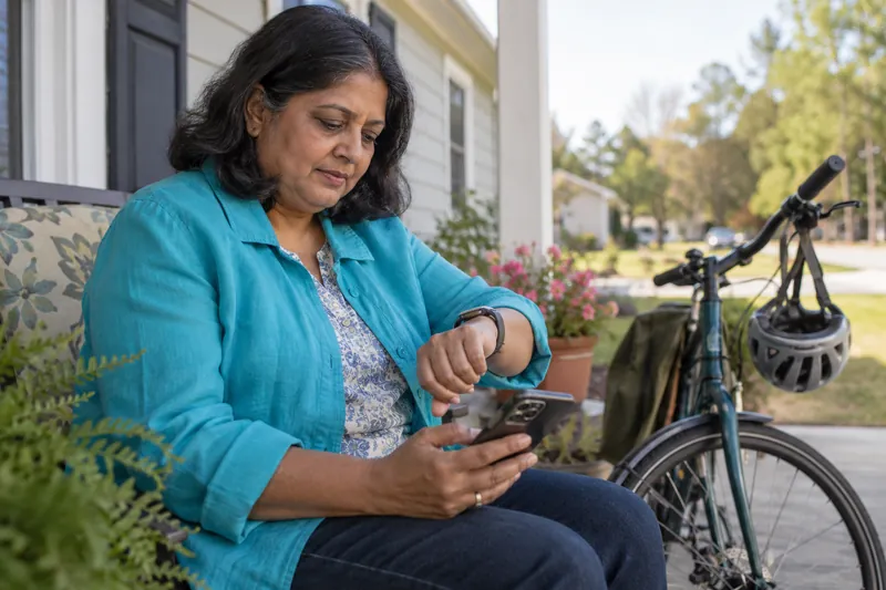 A visitor checking a watch and a phone beside a parked bicycle before a daytime appointment
