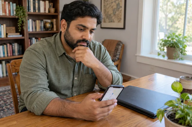 A visitor sitting at a public-library table with a phone map and a closed document folder