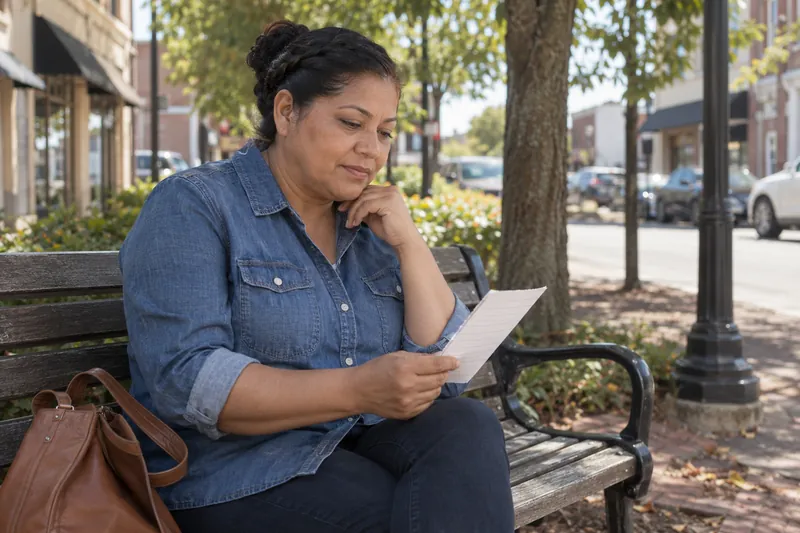 A visitor reviewing a short handwritten checklist on a park bench near a town shopping street