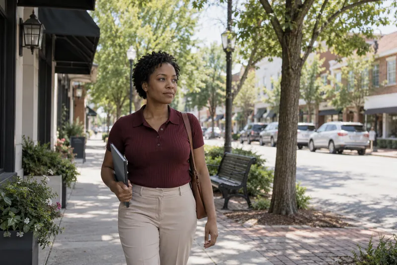 A visitor arriving on foot along a tree-lined neighborhood commercial street, carrying a slim folder