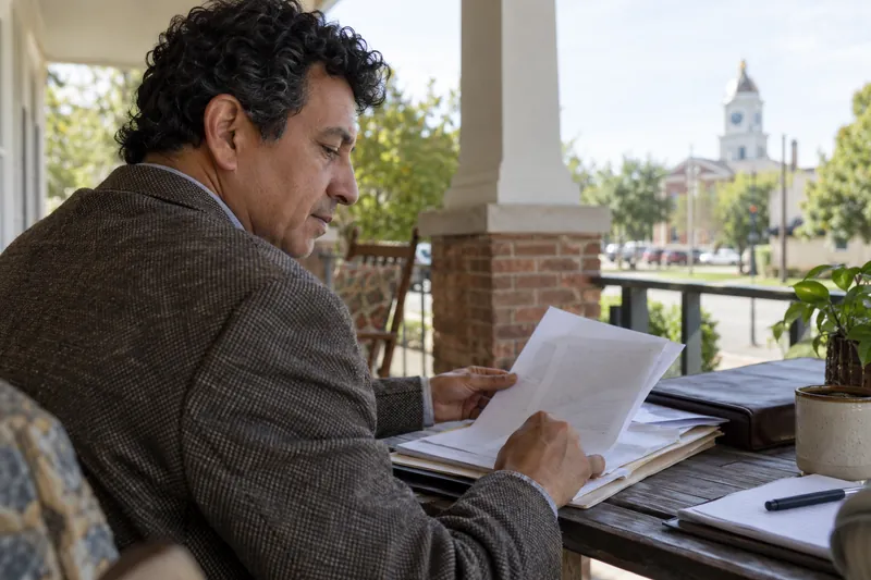 A visitor sitting on a shaded community-center veranda, organizing documents before a local visit