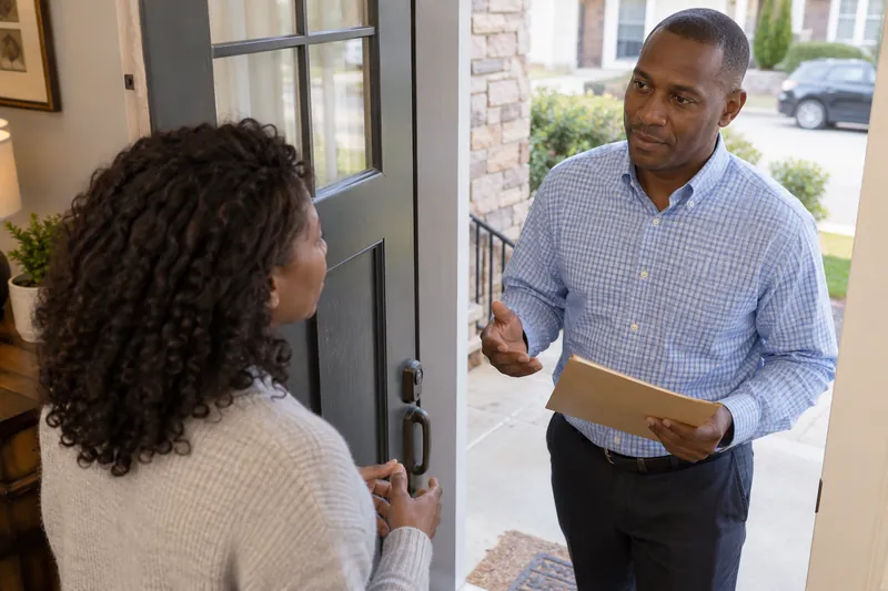 A visitor talking with a companion at a home doorway before leaving with a document envelope