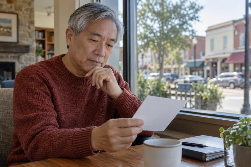 A visitor reading an appointment reminder by a cafe window overlooking an ordinary main street