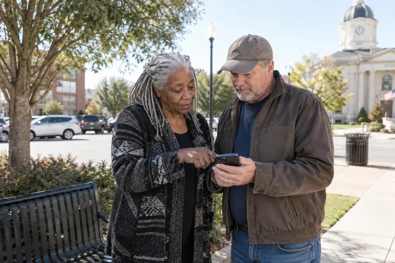 A visitor asking a companion for directions while pointing at a phone map near a public bench