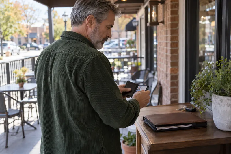 A visitor preparing an ID wallet and closed paperwork folder at a hallway console before going out