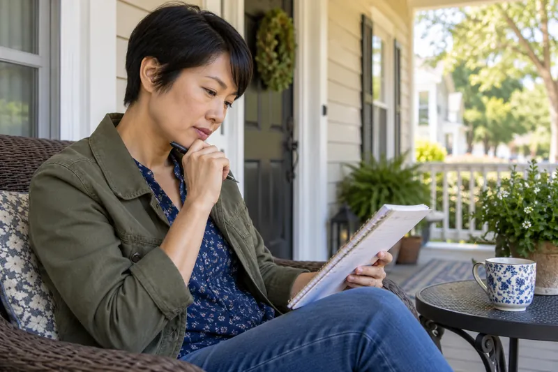 A visitor checking a local opening-hours note in a notebook on a sunny front porch