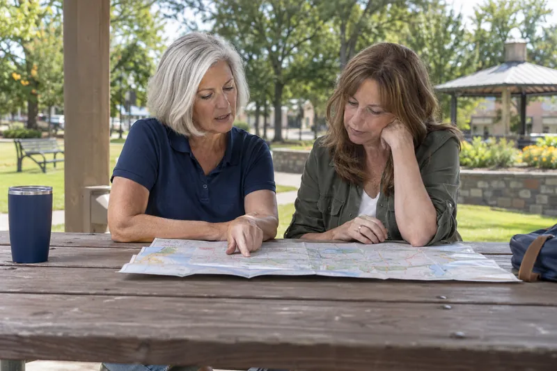 A visitor reviewing a map with a friend at a picnic table in a small public park