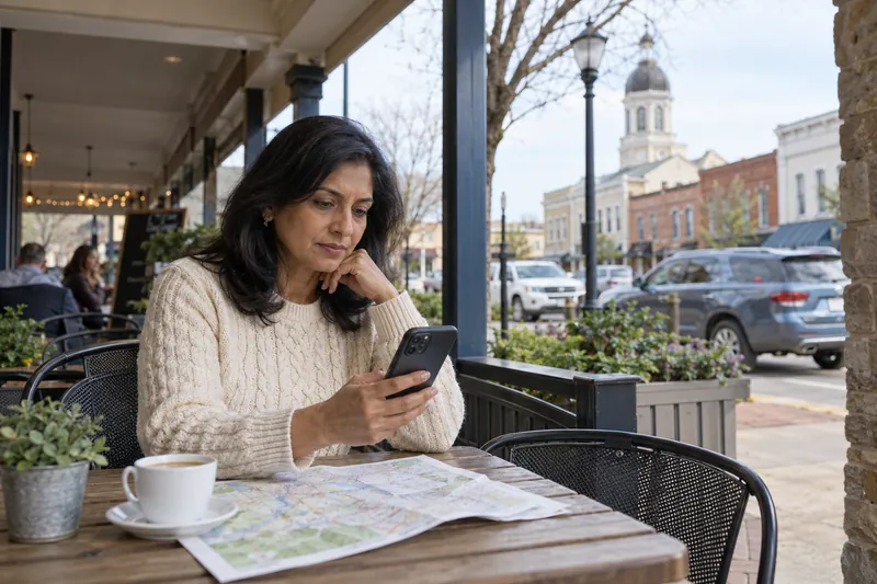 A visitor sitting in a parked car checking a phone route before setting off, car stationary