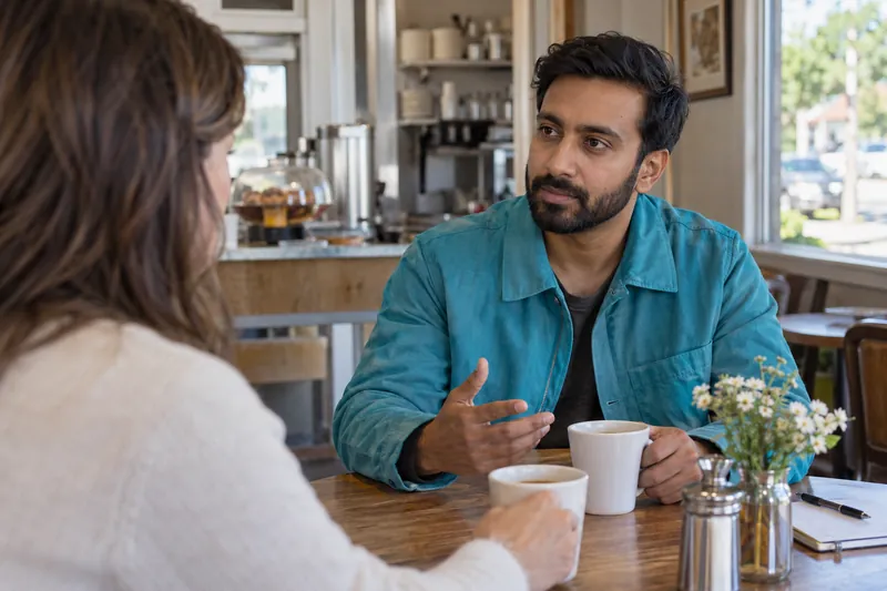 A visitor discussing a local errand over coffee in a modest neighborhood diner