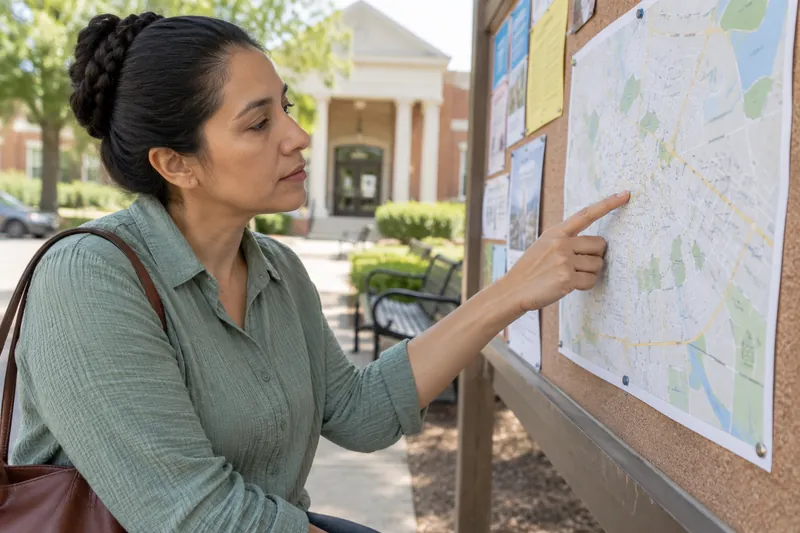 A visitor looking at a simple town map beside a library noticeboard with no readable text