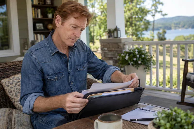 A visitor looking through a document pouch on a home porch before a planned appointment