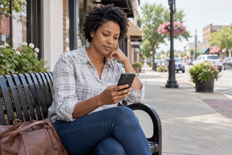 A visitor checking directions on a phone beside a small-town sidewalk bench, preparing for an appointment
