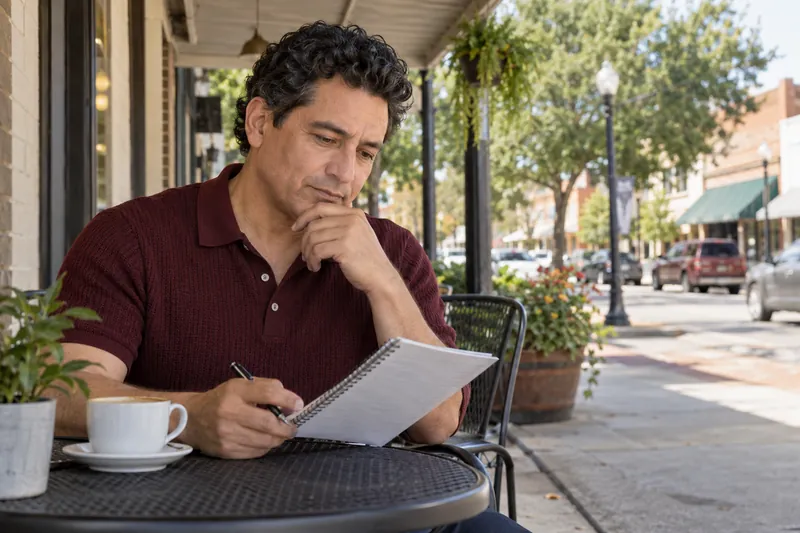 A visitor reviewing an appointment note at an outdoor cafe table before a local office visit