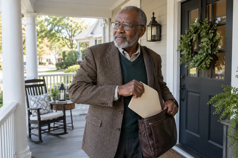 A visitor putting an unbranded document folder into a shoulder bag on a covered porch before going out