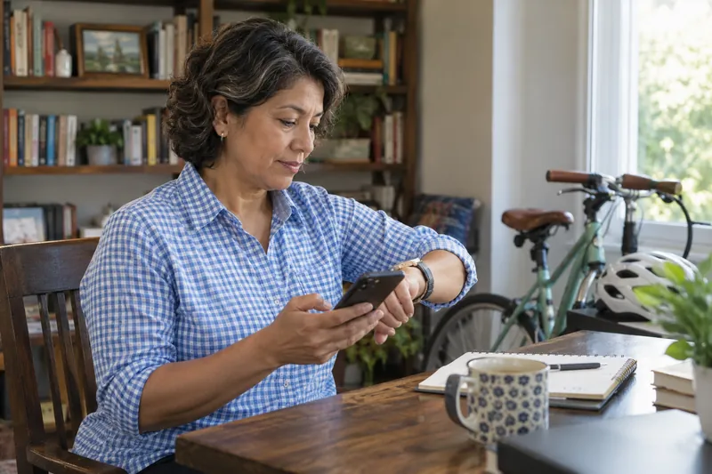 A visitor checking a watch and a phone beside a parked bicycle before a daytime appointment