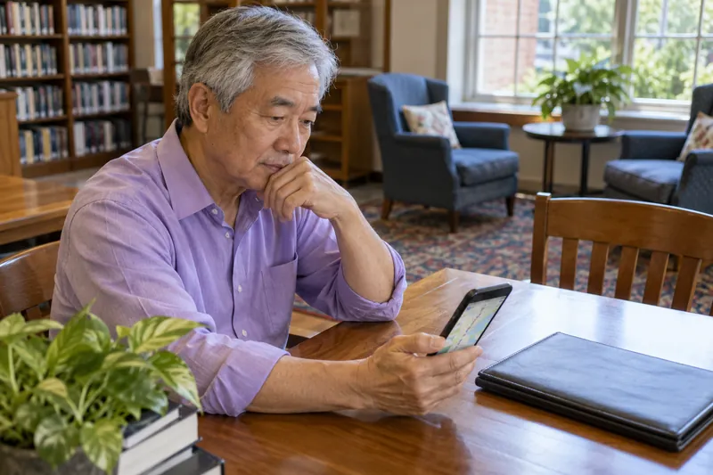 A visitor sitting at a public-library table with a phone map and a closed document folder