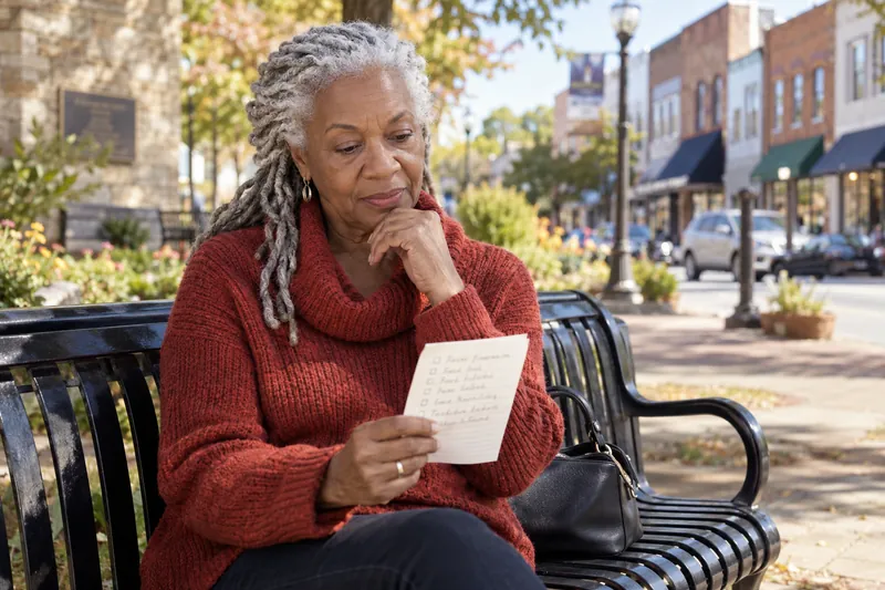 A visitor reviewing a short handwritten checklist on a park bench near a town shopping street