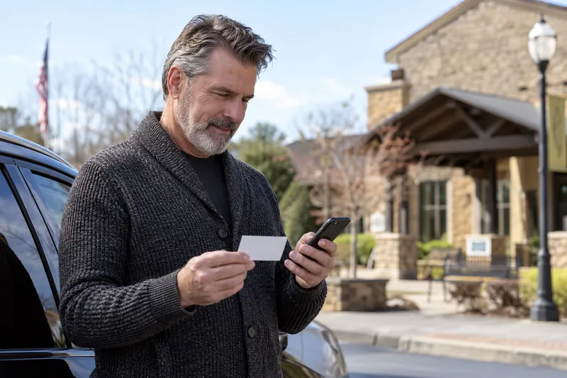 A visitor standing beside a parked car, comparing a blank appointment card with phone directions