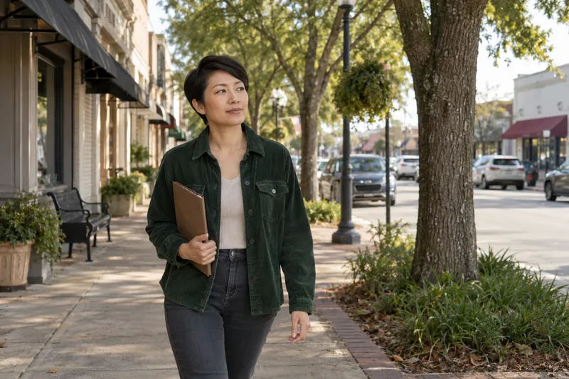 A visitor arriving on foot along a tree-lined neighborhood commercial street, carrying a slim folder
