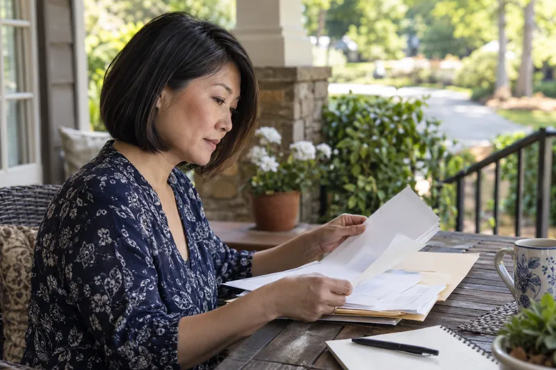 A visitor sitting on a shaded community-center veranda, organizing documents before a local visit