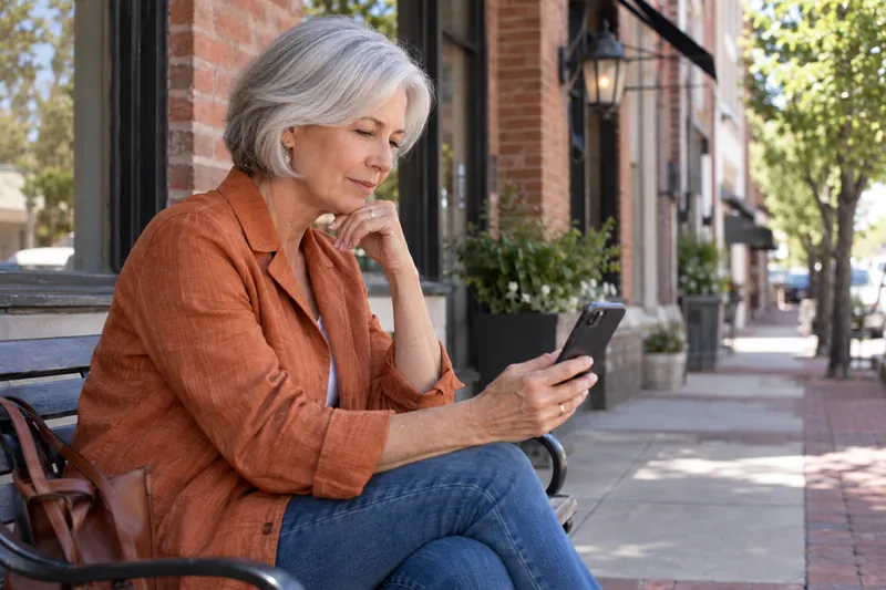 A visitor checking an address on a phone outside an unbranded mixed-use brick building
