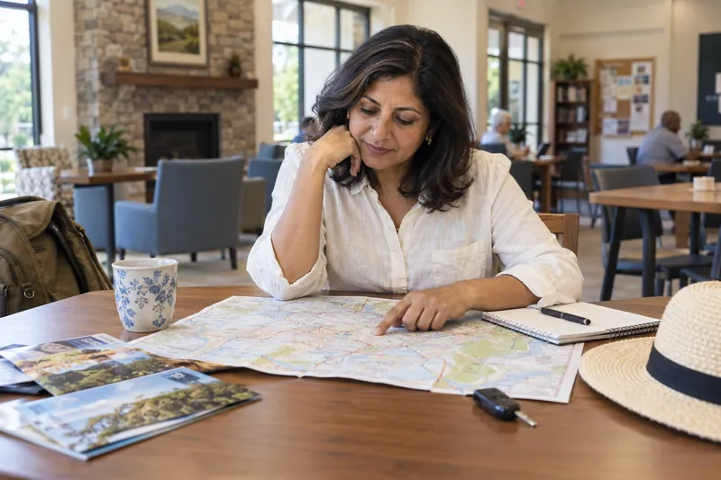 A visitor planning a trip using a town map at a kitchen table, with a car key nearby