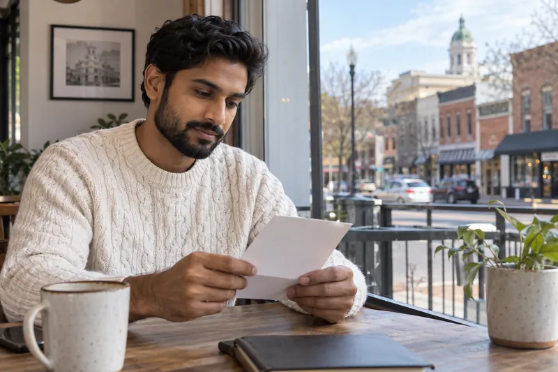 A visitor reading an appointment reminder by a cafe window overlooking an ordinary main street
