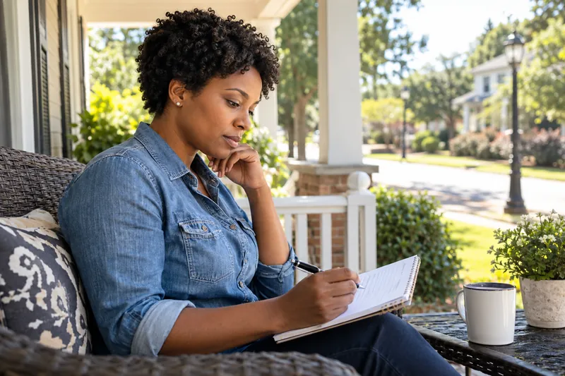 A visitor checking a local opening-hours note in a notebook on a sunny front porch
