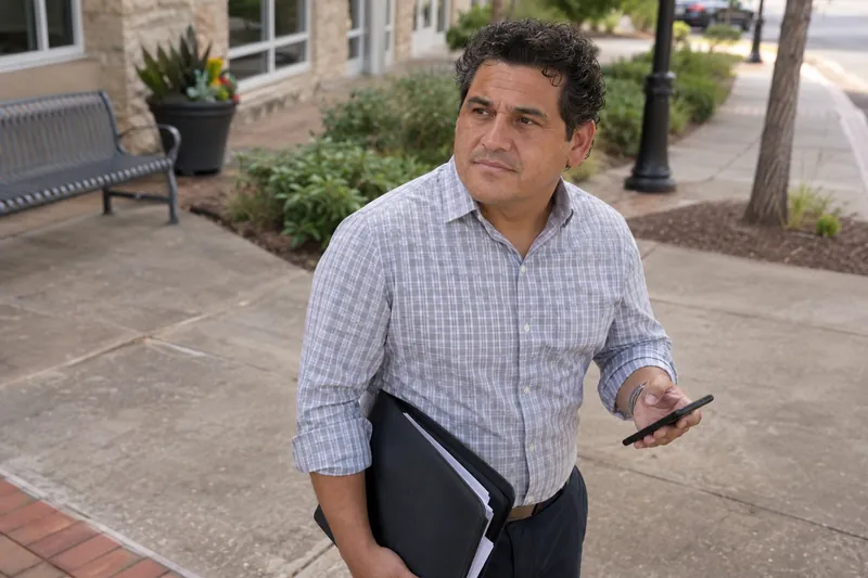 A visitor taking a pause on a pedestrian walkway with a document tote and phone in hand