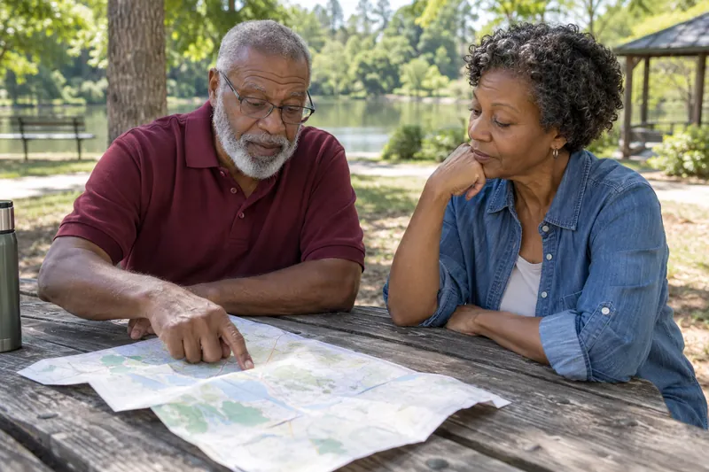 A visitor reviewing a map with a friend at a picnic table in a small public park
