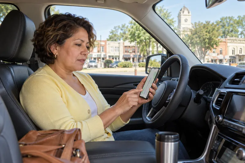 A visitor sitting in a parked car checking a phone route before setting off, car stationary