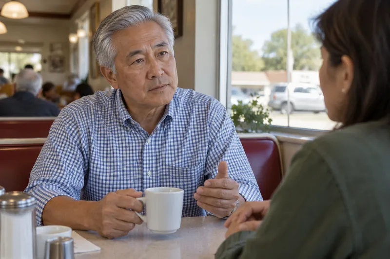 A visitor discussing a local errand over coffee in a modest neighborhood diner