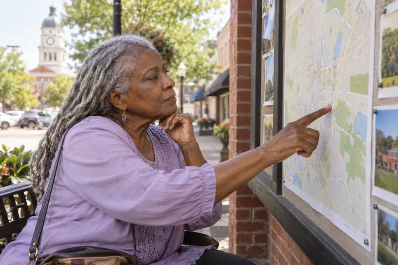A visitor looking at a simple town map beside a library noticeboard with no readable text