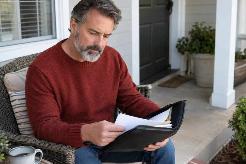 A visitor looking through a document pouch on a home porch before a planned appointment