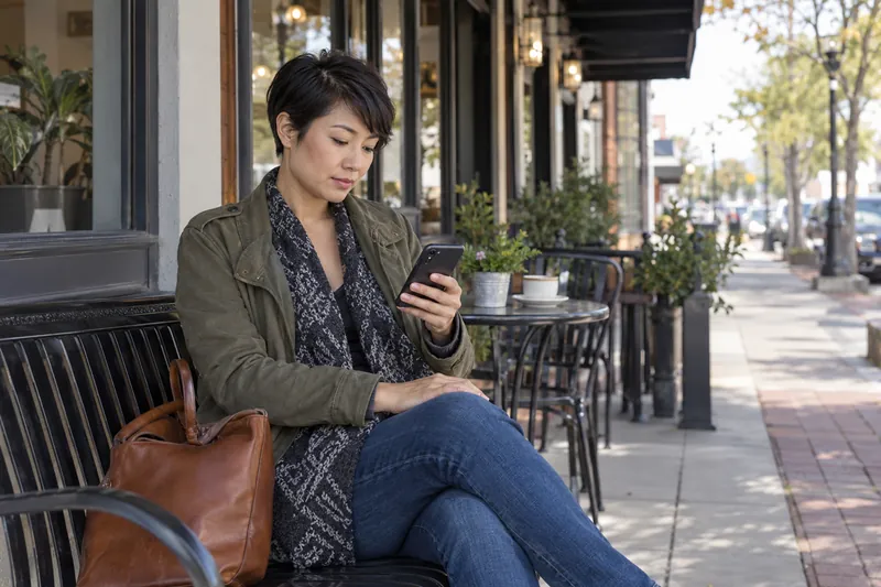 A visitor checking directions on a phone beside a small-town sidewalk bench, preparing for an appointment