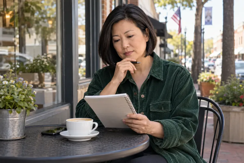 A visitor reviewing an appointment note at an outdoor cafe table before a local office visit