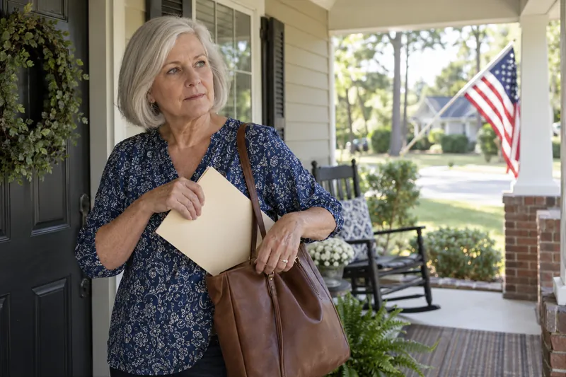 A visitor putting an unbranded document folder into a shoulder bag on a covered porch before going out