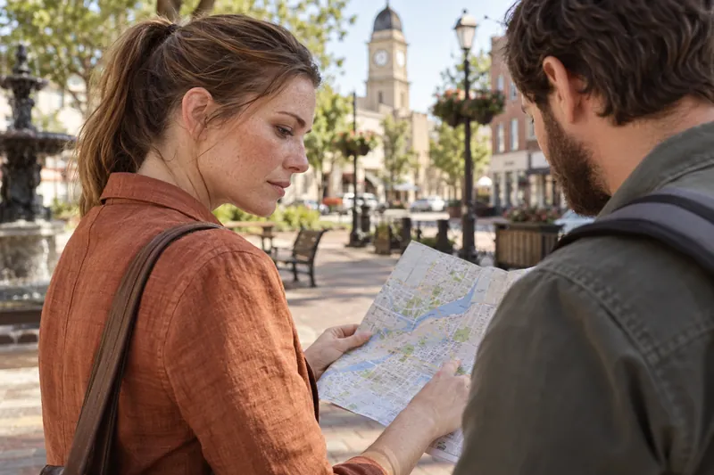 A visitor consulting a folded street map on a pedestrian square with a companion