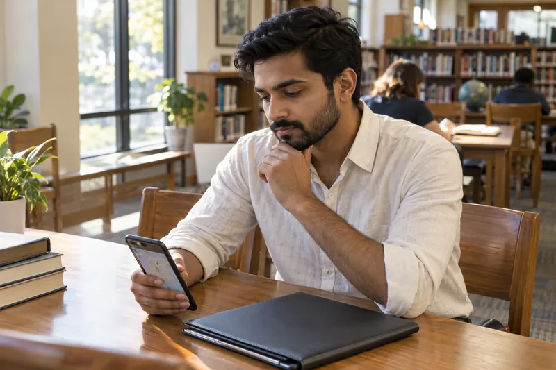 A visitor sitting at a public-library table with a phone map and a closed document folder
