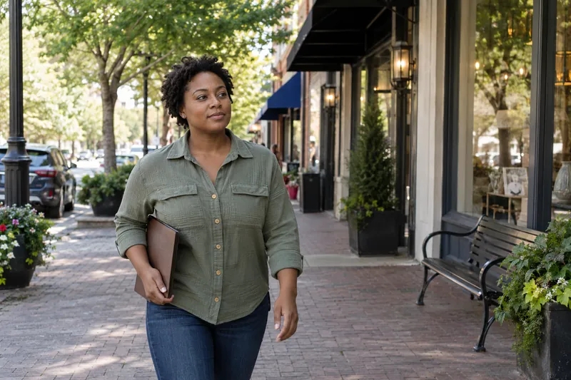 A visitor arriving on foot along a tree-lined neighborhood commercial street, carrying a slim folder