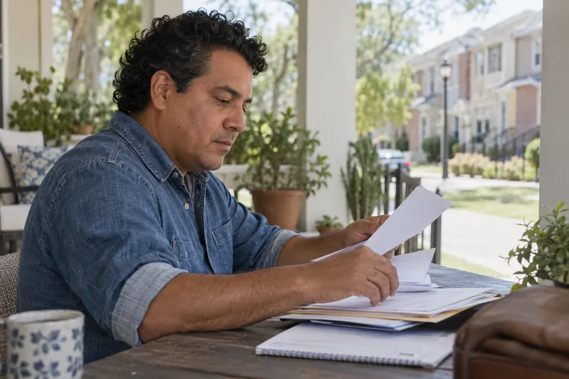 A visitor sitting on a shaded community-center veranda, organizing documents before a local visit
