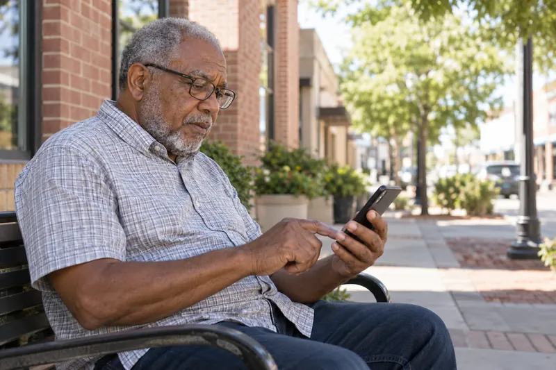 A visitor checking an address on a phone outside an unbranded mixed-use brick building