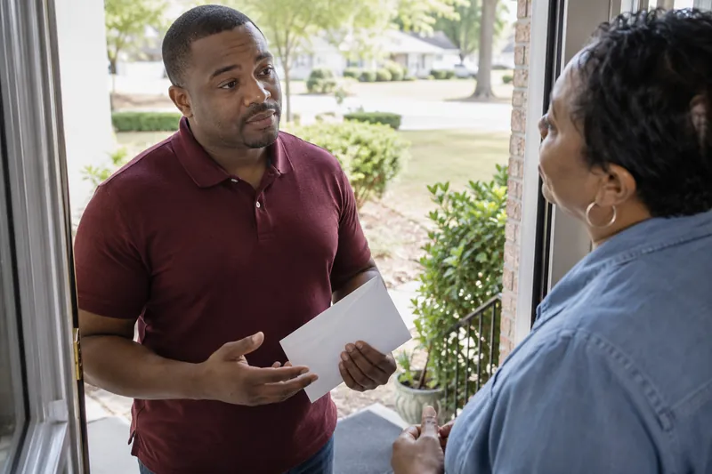 A visitor talking with a companion at a home doorway before leaving with a document envelope